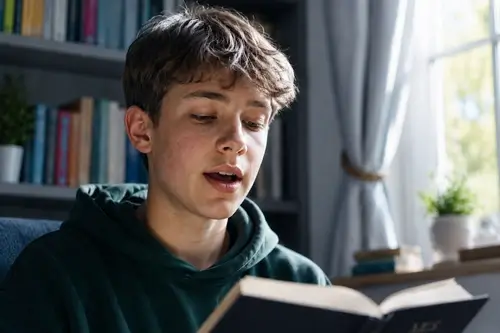 Подросток читает книгу вслух
